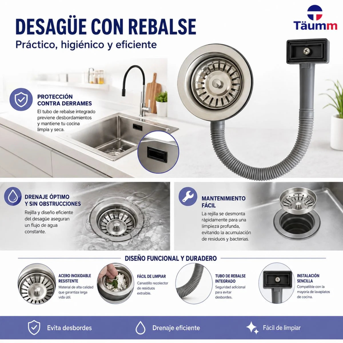 Desagüe para lavaplatos TAUMM de 3 1/2” con tubo de rebalse