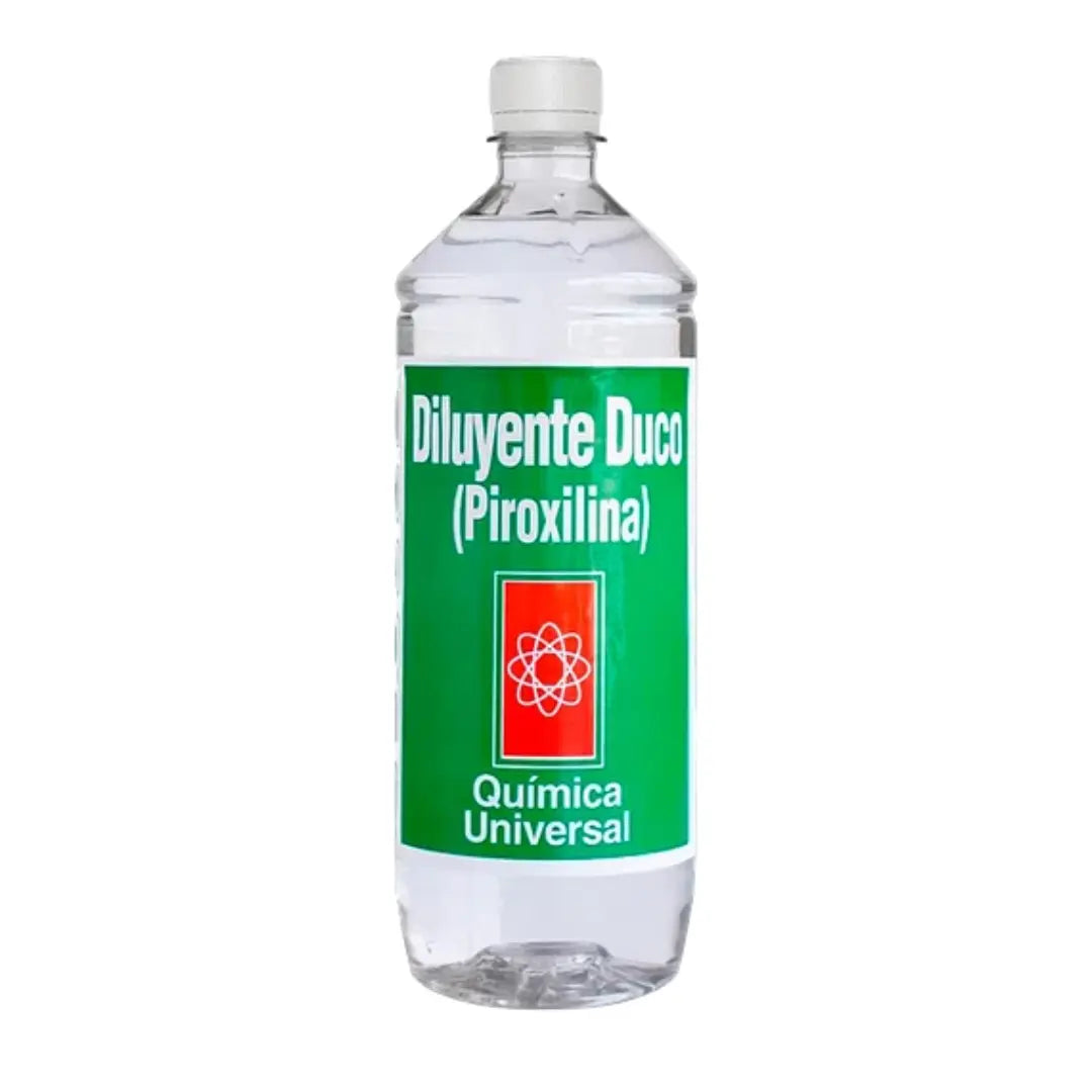 Botella de 1 litro de Diluyente Duco Plus Química Universal, solvente premium para lacas y esmaltes, que optimiza el secado y la terminación.
