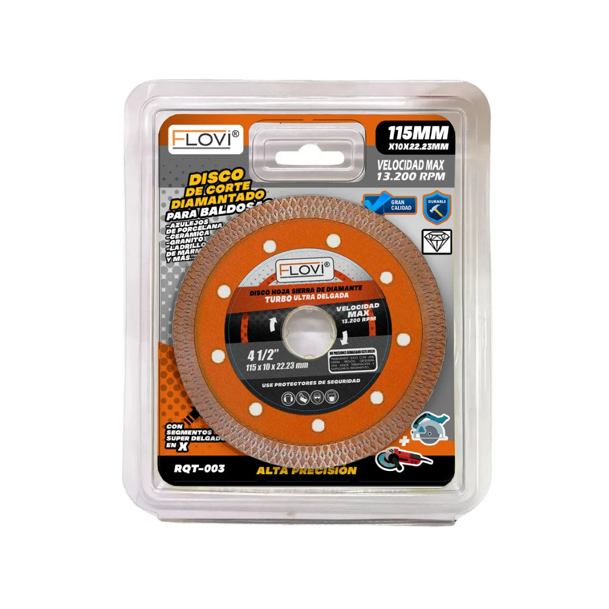 Disco de corte diamantado marca Flovi de 4 pulgadas, tecnología Turbo X de 1mm para corte de mármol y porcelanato