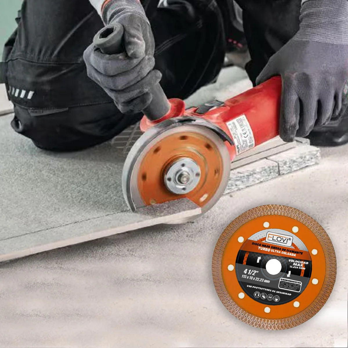 Disco de corte diamantado marca Flovi de 4 pulgadas, tecnología Turbo X de 1mm para corte de mármol y porcelanato