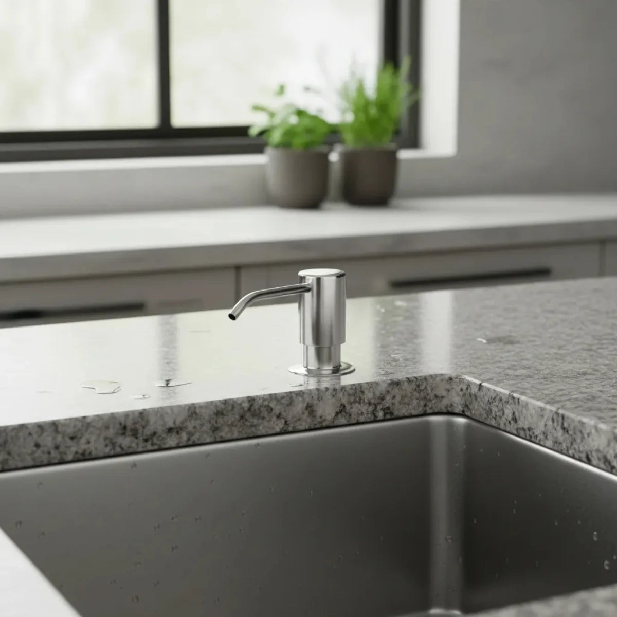 Dispensador de jabón líquido TAUMM de 330 ml, empotrable para encimera, de diseño elegante y alta durabilidad.