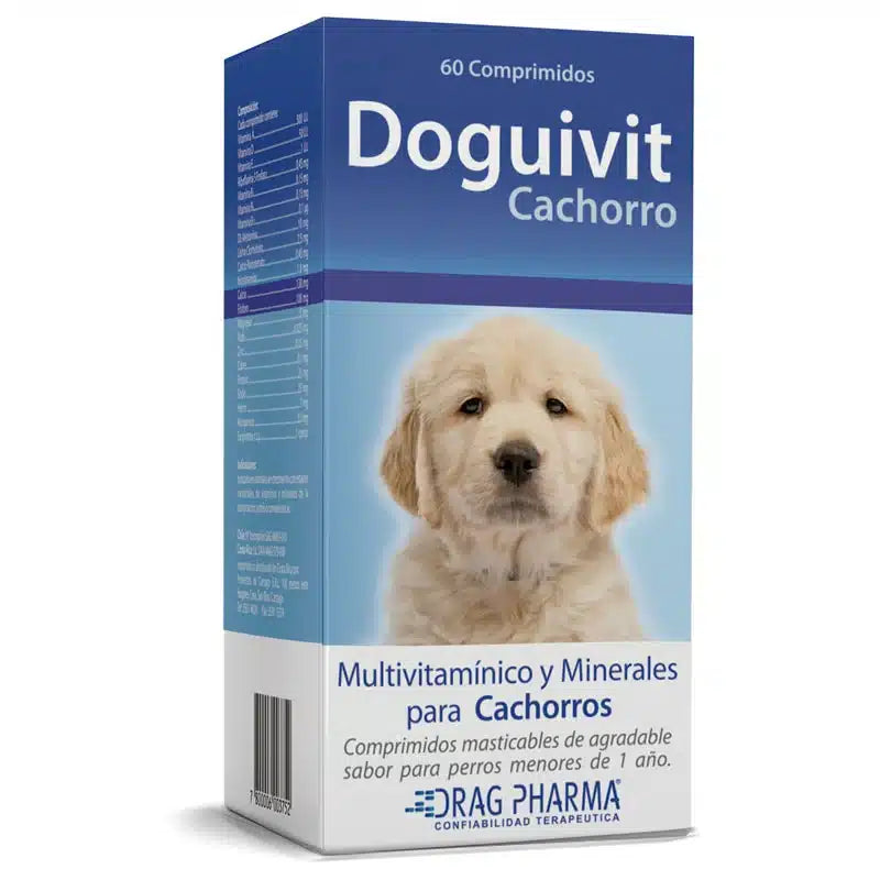 suplemento multivitamínico Doguivit para cachorros, formulado para promover el crecimiento fuerte y el desarrollo saludable de huesos y sistema inmune.