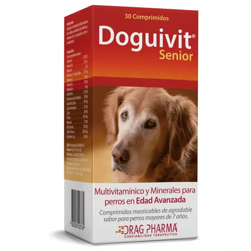suplemento multivitamínico Doguivit Senior, con 30 comprimidos, formulado para mejorar la calidad de vida, movilidad y función cognitiva en perros de edad avanzada.