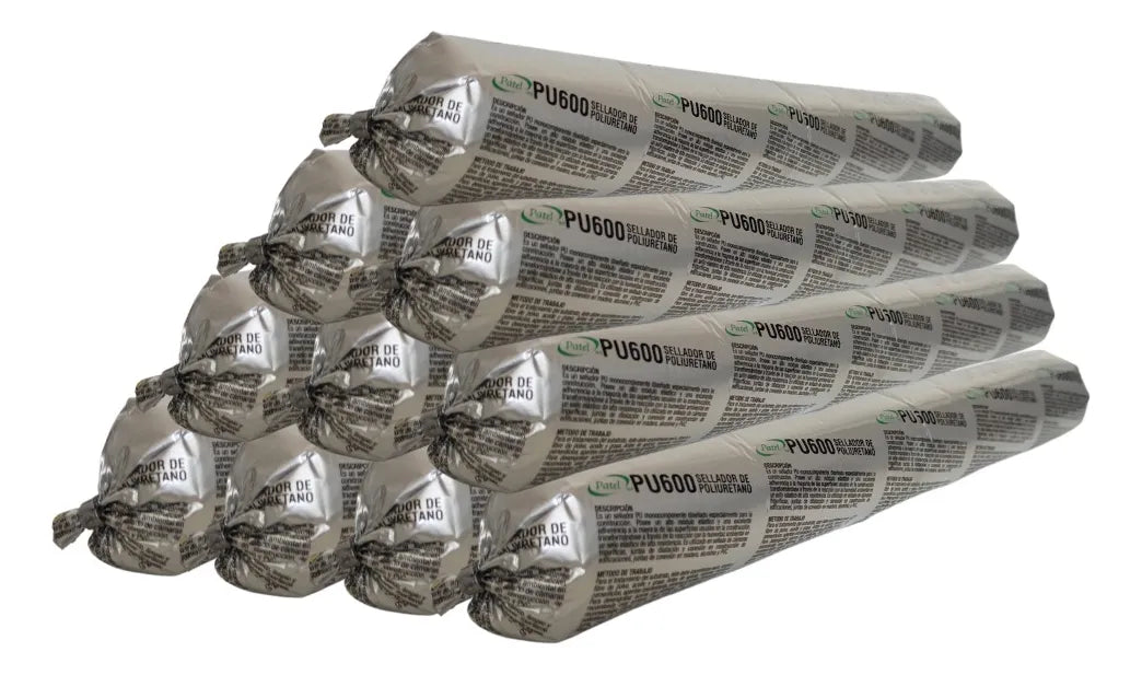 Pack de 10 unidades de sello poliuretano Patel 600 ml en formato salchicha.
