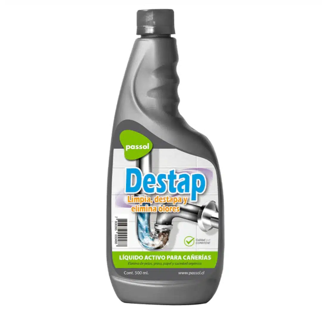 Destapador Líquido Passol para cañerías de baños, ideal para eliminar tapones de cabello y residuos de jabón.