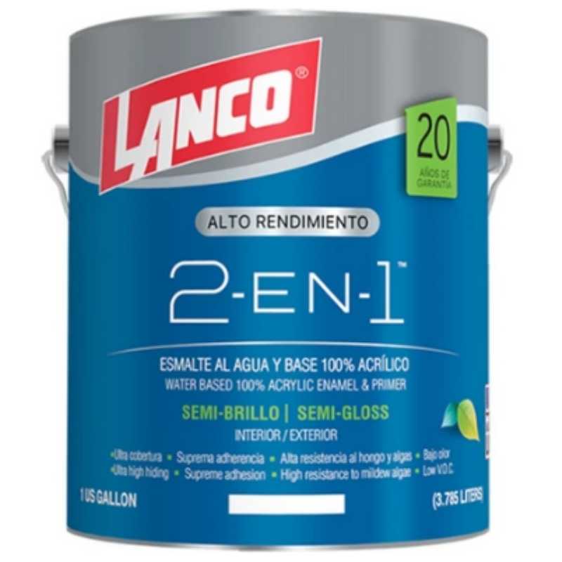 Esmalte al agua Lanco 2 en 1 semibrillo color blanco, pintura lavable de secado rápido para paredes, puertas y molduras en interiores.