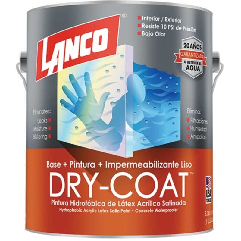 Esmalte impermeabilizante Lanco Dry-Coat blanco satinado, pintura antihumedad de acabado decorativo para sellar sótanos, muros y prevenir filtraciones.