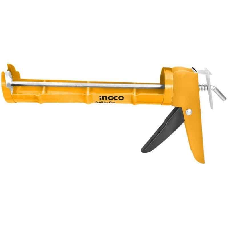 Pistola calafatera INGCO 9 pulgadas, aplicador de silicona y selladores en cartucho para uso doméstico y profesional ligero.