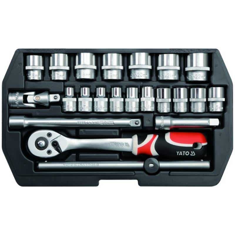 Juego de dados y carraca Yato YT-38561 de 22 piezas, set de herramientas de cromo vanadio de 1/2" para mecánica automotriz y reparaciones generales.