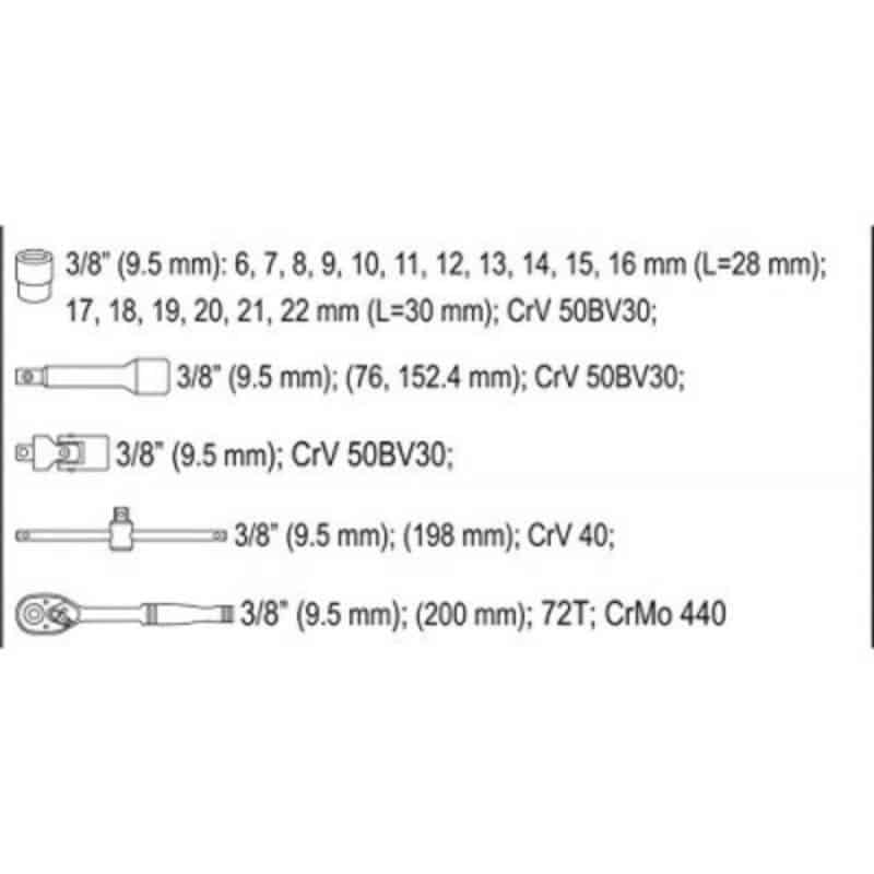 Juego de dados y carraca Yato YT-38561 de 22 piezas, set de herramientas de cromo vanadio de 1/2" para mecánica automotriz y reparaciones generales.
