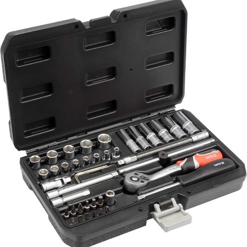 Juego de herramientas Yato YT-14481 de 42 piezas en estuche, kit de dados y puntas de cromo vanadio para uso en hogar, taller y mecánica ligera.