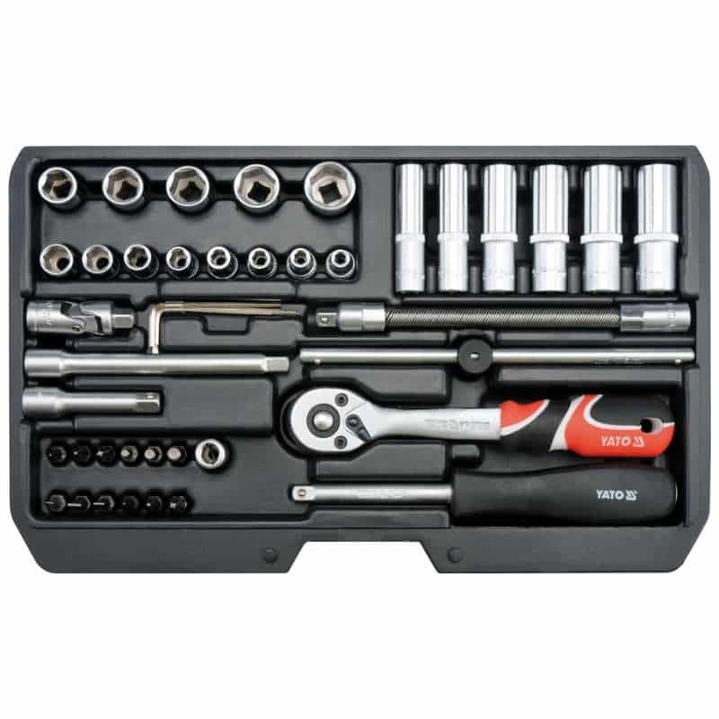 Juego de herramientas Yato YT-14481 de 42 piezas en estuche, kit de dados y puntas de cromo vanadio para uso en hogar, taller y mecánica ligera.