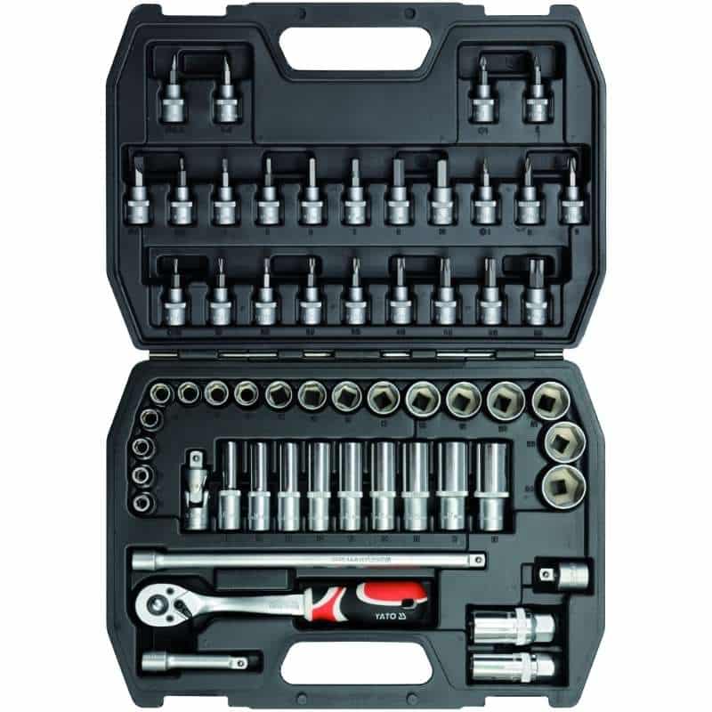 Juego de herramientas y dados Yato YT-3857 de 58 piezas, set profesional de cromo vanadio ideal para mecánica automotriz y trabajos de alta exigencia en taller.