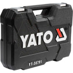 Maletín de herramientas Yato YT-38791 de 108 piezas, kit profesional de dados y accesorios de cromo vanadio 1/2" y 1/4" para uso en talleres y mecánica.