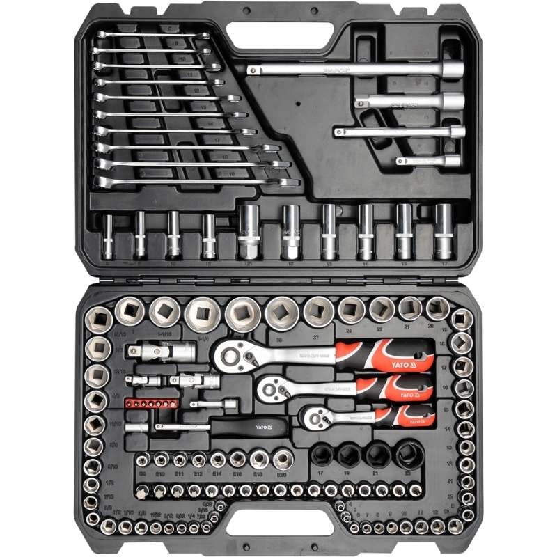 Juego de herramientas Yato YT-38801 de 120 piezas, set de dados, llaves y carraca de cromo vanadio para uso profesional en mecánica, taller y automotriz.