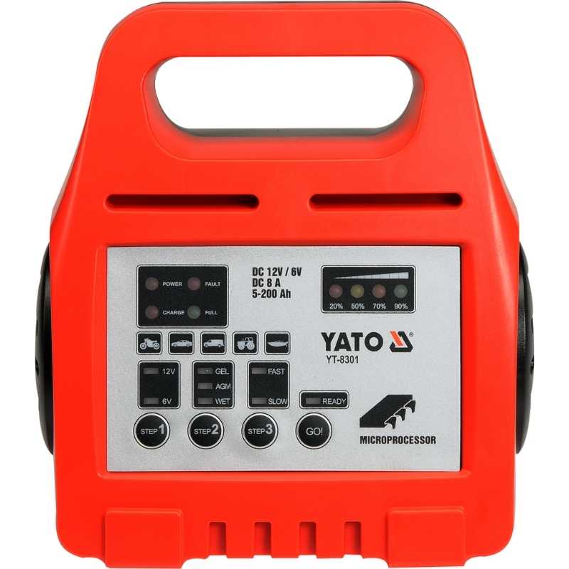 Cargador de baterías automático e inteligente Yato YT-8301, con pantalla digital y función de mantenimiento para baterías de 6V y 12V