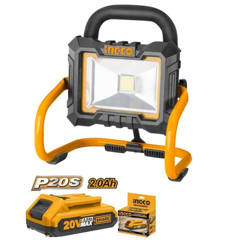 Foco de trabajo LED inalámbrico Ingco CWLI2002 20V, con brillo de 750 a 1500 lúmenes, ideal para iluminación portátil en obras y talleres (batería no incluida).