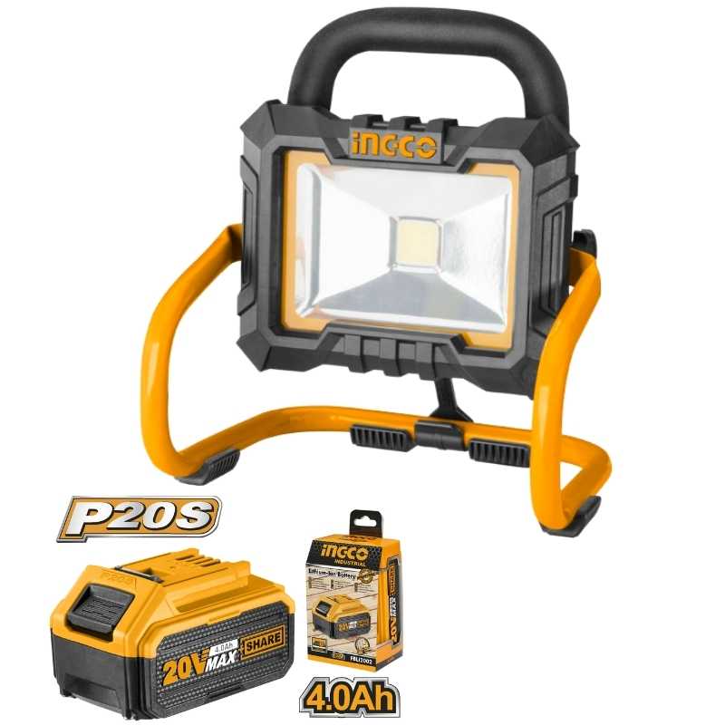 Foco de trabajo LED inalámbrico Ingco CWLI2002 20V, con brillo de 750 a 1500 lúmenes, ideal para iluminación portátil en obras y talleres (batería no incluida).