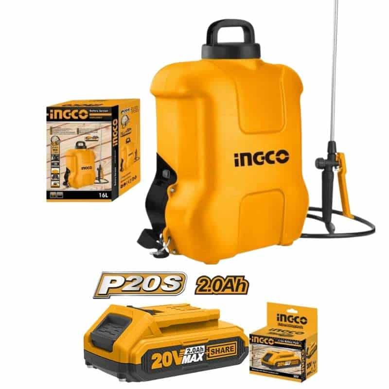 Pulverizador de espalda Ingco CSPLI2001 a batería 20V de 16 litros, fumigador inalámbrico para aplicación de agroquímicos y agua en jardín y huertos.