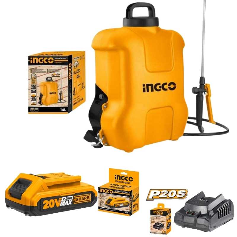 Pulverizador de espalda Ingco CSPLI2001 a batería 20V de 16 litros, fumigador inalámbrico para aplicación de agroquímicos y agua en jardín y huertos.