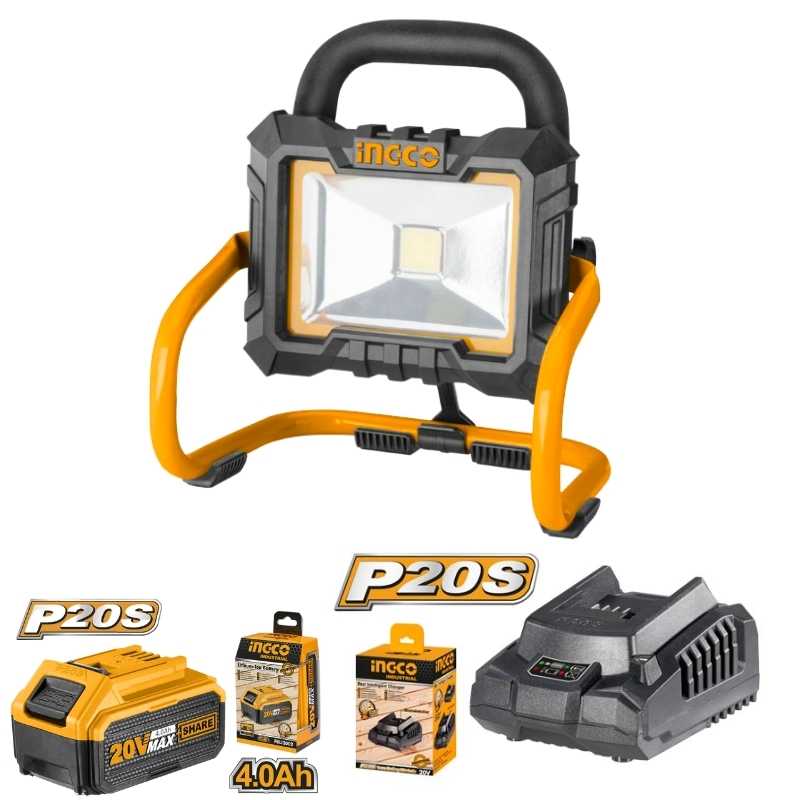 Foco de trabajo LED inalámbrico Ingco CWLI2002 20V, con brillo de 750 a 1500 lúmenes, ideal para iluminación portátil en obras y talleres (batería no incluida).