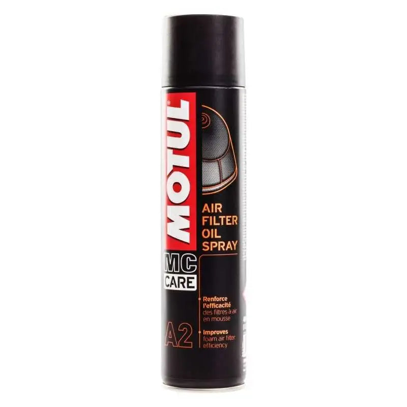 Lubricante Motul A2 Air Filter Oil Spray de 400 ml para filtros de aire de espuma de motos, mejora la retención de suciedad y prolonga la vida del motor.