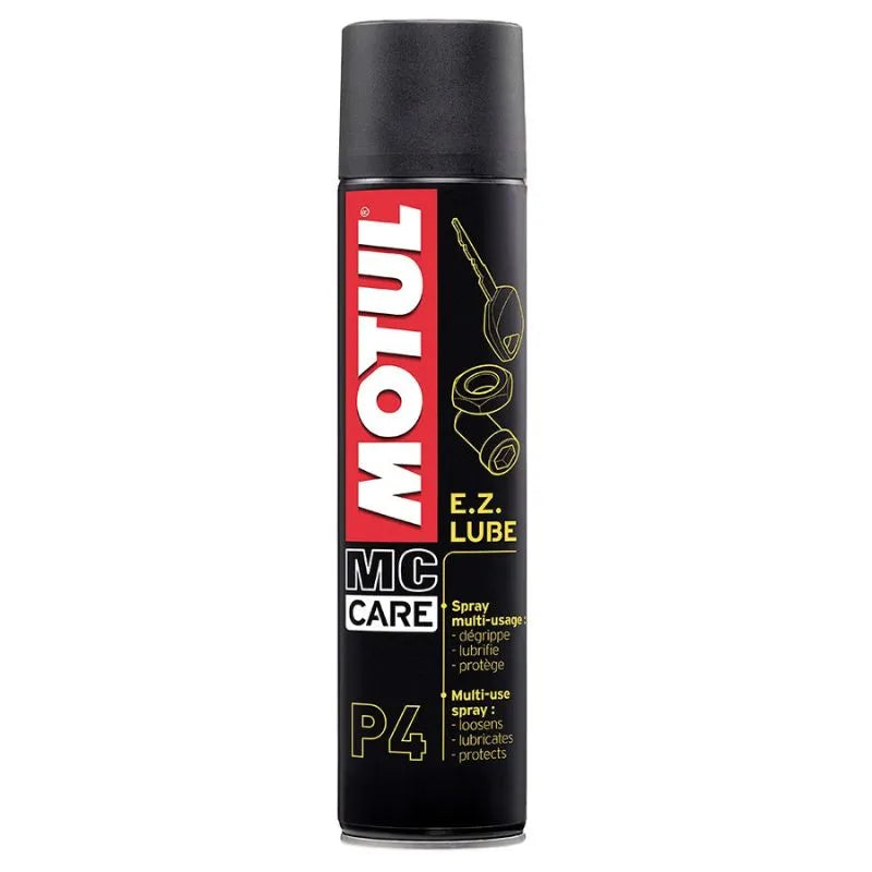 Lubricante multiuso Motul Ez Lube P4 en spray, ideal para aflojar piezas, proteger contra la corrosión y limpiar contactos eléctricos en motos y herramientas.
