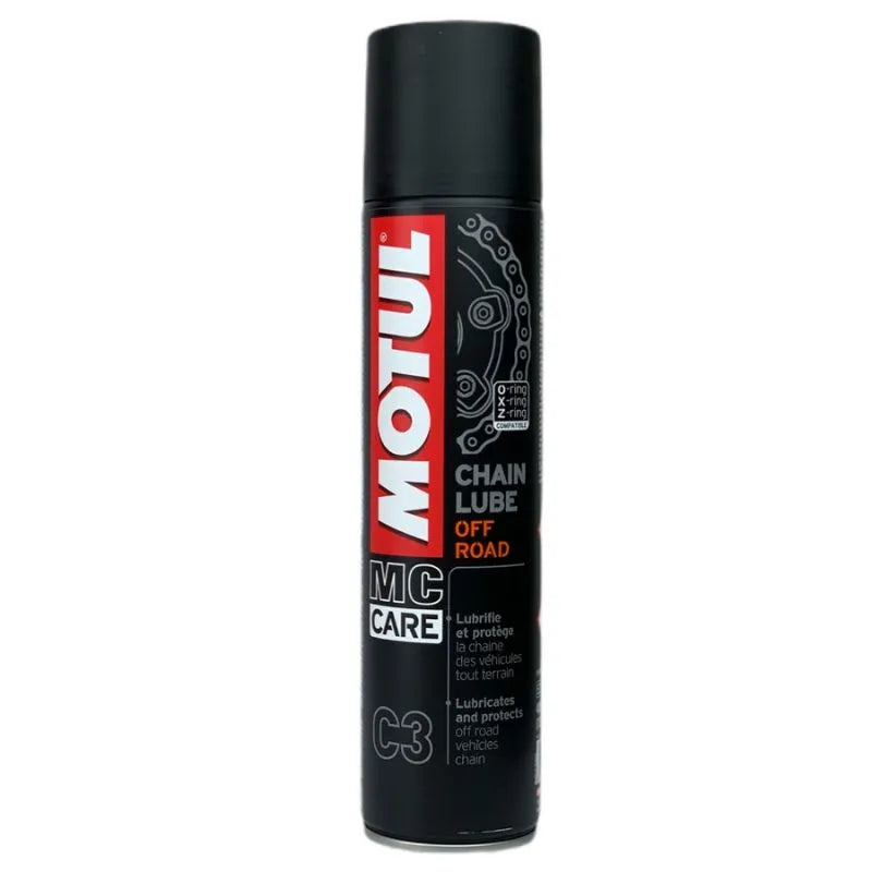 Lubricante Motul C3 Off Road 400 ml en aerosol para cadenas de moto, fórmula de alta adherencia y resistencia al agua/polvo, ideal para motocicletas todoterreno.
