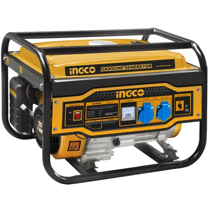 Generador eléctrico a gasolina Ingco GE30005 de 2.8 KW, portátil con estructura robusta, ideal para proporcionar energía de respaldo en el hogar, construcción y exteriores.