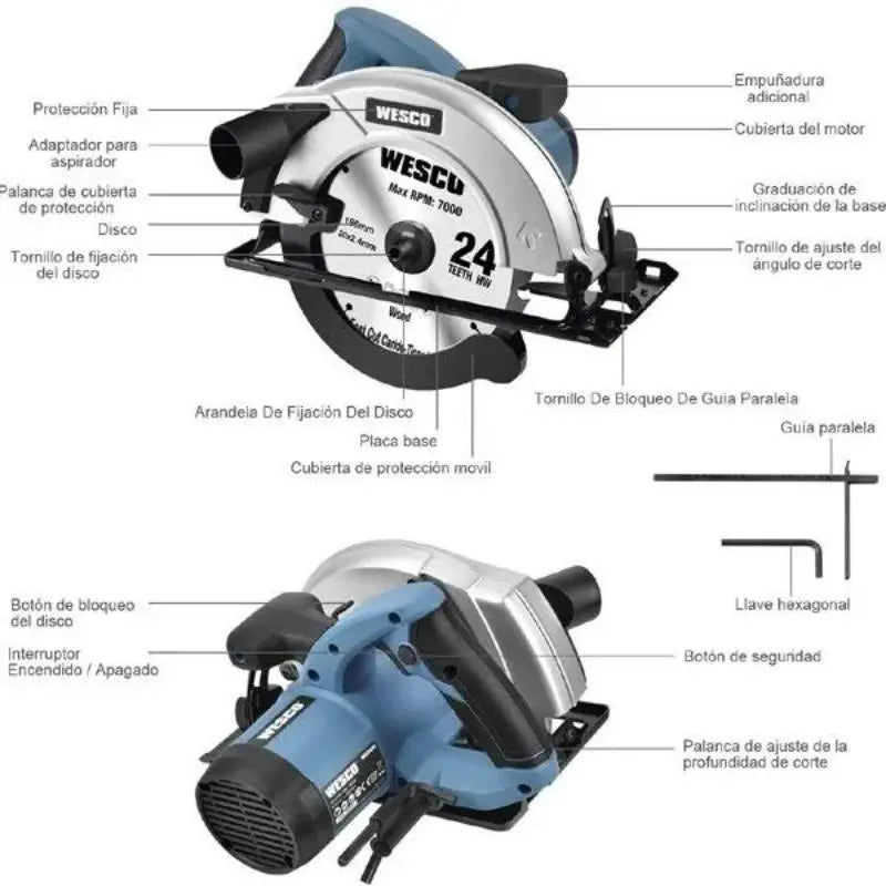 Sierra circular 1500W para cortes rectos y precisos