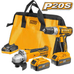 Kit combo de herramientas inalámbricas INGCO P20S (Taladro y Esmeril) 20V con batería de 4Ah, ideal para trabajos de perforación, atornillado y corte profesional.