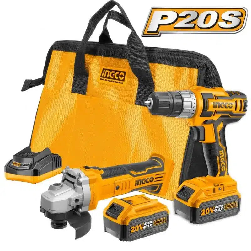 Kit combo de herramientas inalámbricas INGCO P20S (Taladro y Esmeril) 20V con batería de 4Ah, ideal para trabajos de perforación, atornillado y corte profesional.