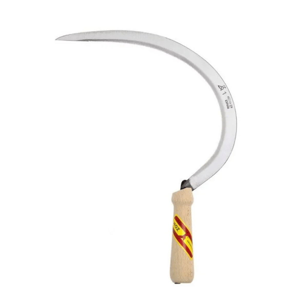 Hoz de jardinería modelo 1007 N-00 con hoja dentada y mango ergonómico, herramienta manual para desbroce y corte de maleza en jardín.