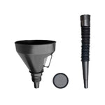 Embudo de plástico negro con cuello flexible, mango y filtro para líquidos.