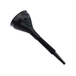 Embudo de plástico negro con cuello flexible, mango y filtro para líquidos.