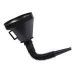 Embudo de plástico negro con cuello flexible, mango y filtro para líquidos.