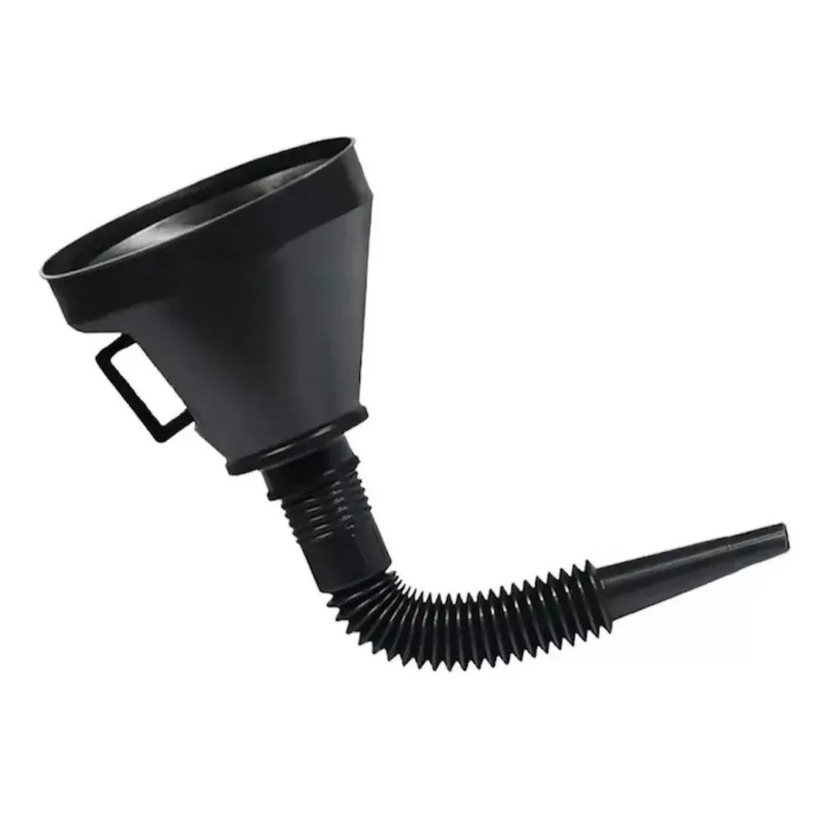 Embudo de plástico negro con cuello flexible, mango y filtro para líquidos.
