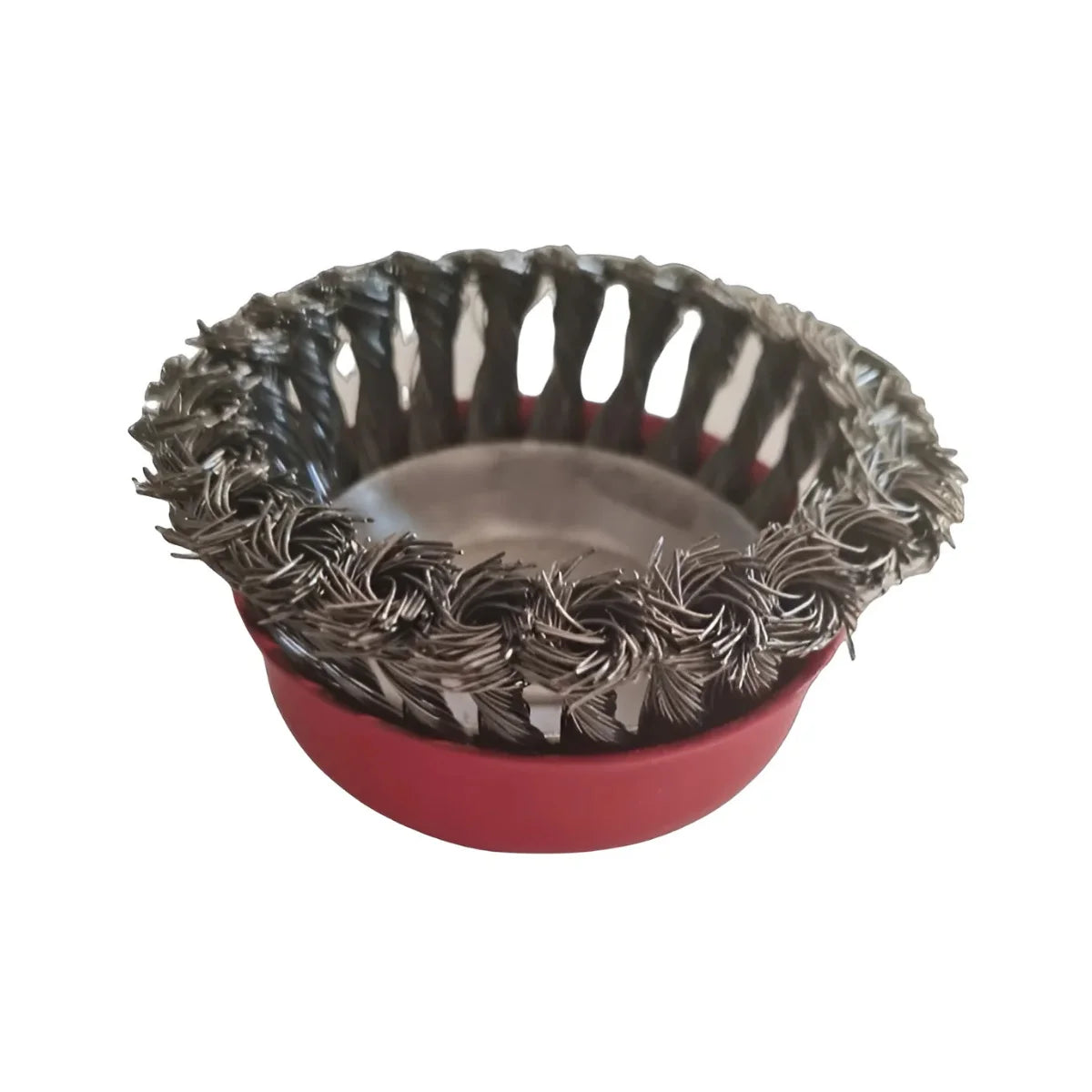 Escobilla de acero tipo copa de 4 pulgadas con rosca M14 para ser utilizada con un esmeril.