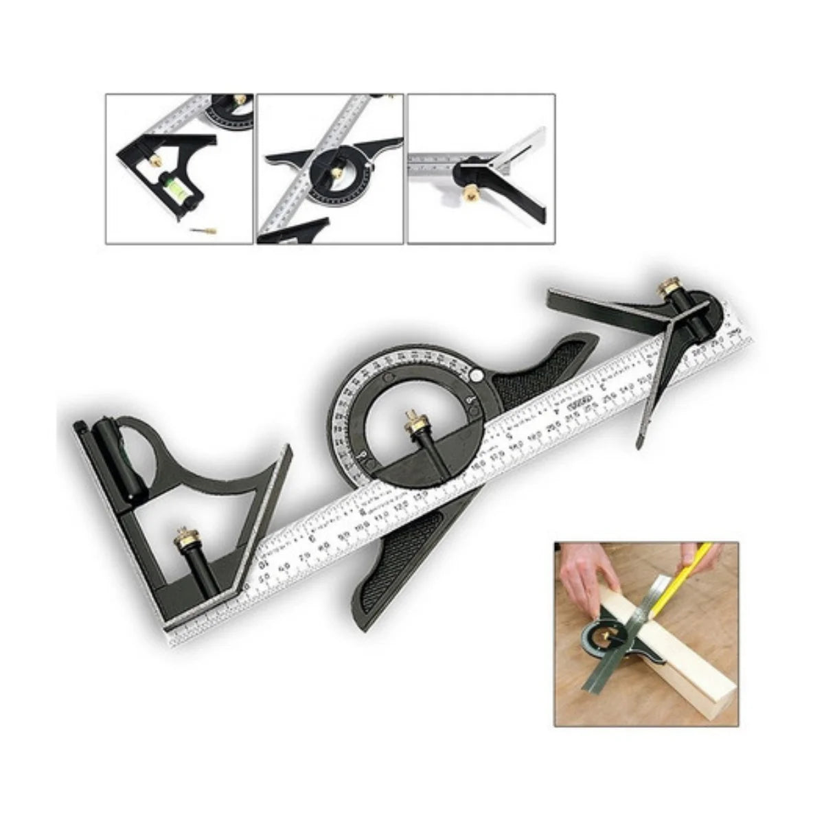 Escuadra combinada marca Flovi de 12 pulgadas (30cm) con nivel y punzón, fabricada en acero inoxidable y aluminio.