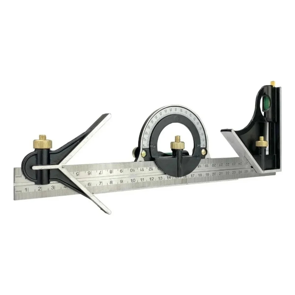 Escuadra combinada marca Flovi de 12 pulgadas (30cm) con nivel y punzón, fabricada en acero inoxidable y aluminio.