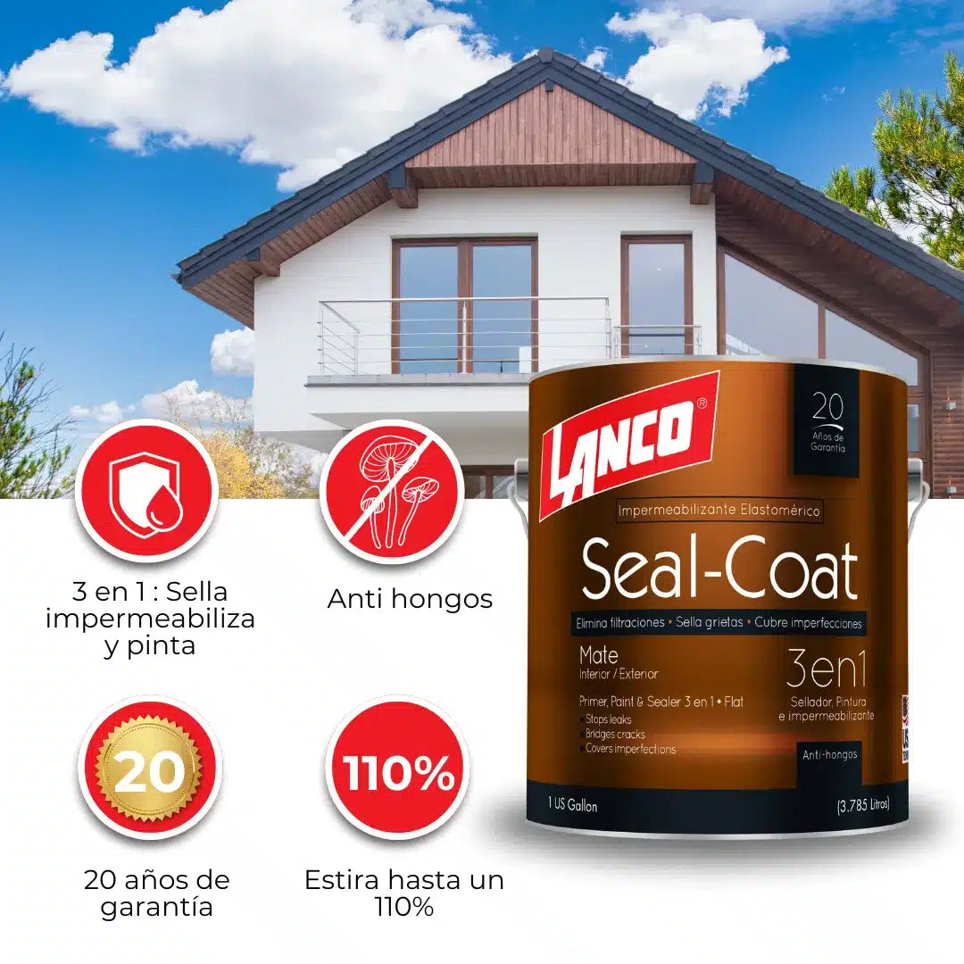 Esmalte al Agua Lanco Seal Coat 3en1, base, pintura y sellador elastomérico para protección de superficies.