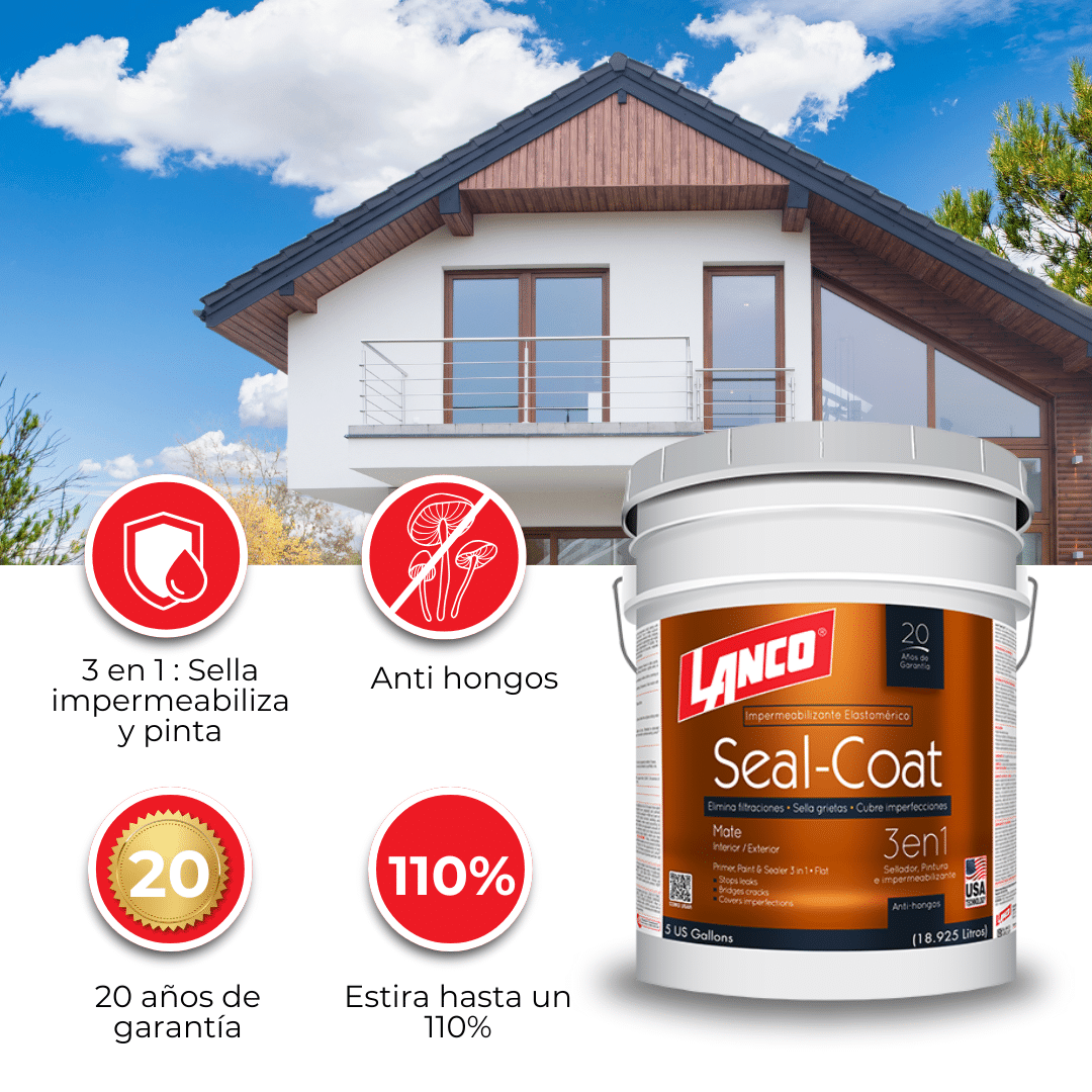 Esmalte al Agua Lanco Seal Coat 3en1, base, pintura y sellador elastomérico para protección de superficies.