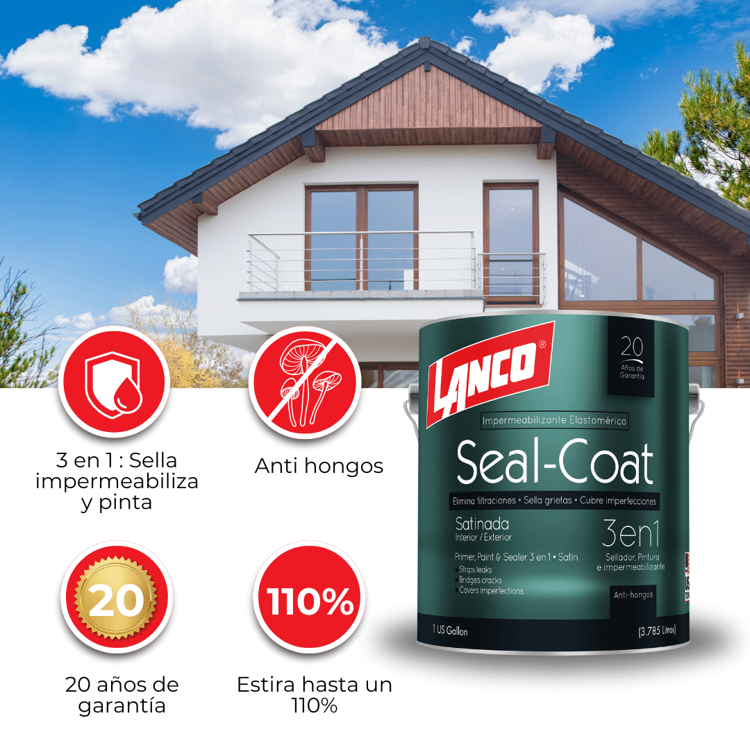 Esmalte al Agua Lanco Seal Coat 3en1, base, pintura y sellador elastomérico para protección de superficies.