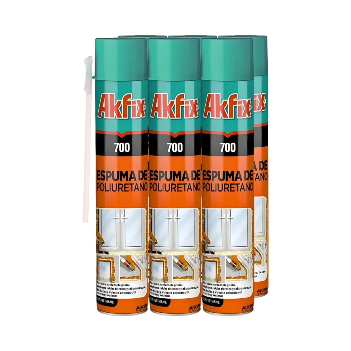 Pack de 6 espuma poliuretano expansiva Akfix para aislamiento térmico y acústico, aplicación con cánula en puertas y ventanas.