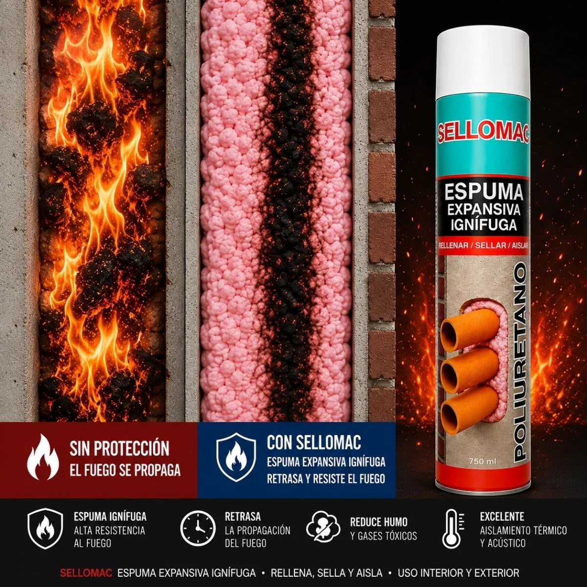 Espuma de poliuretano expansiva ignífuga Sellomac B1 de 750 ml