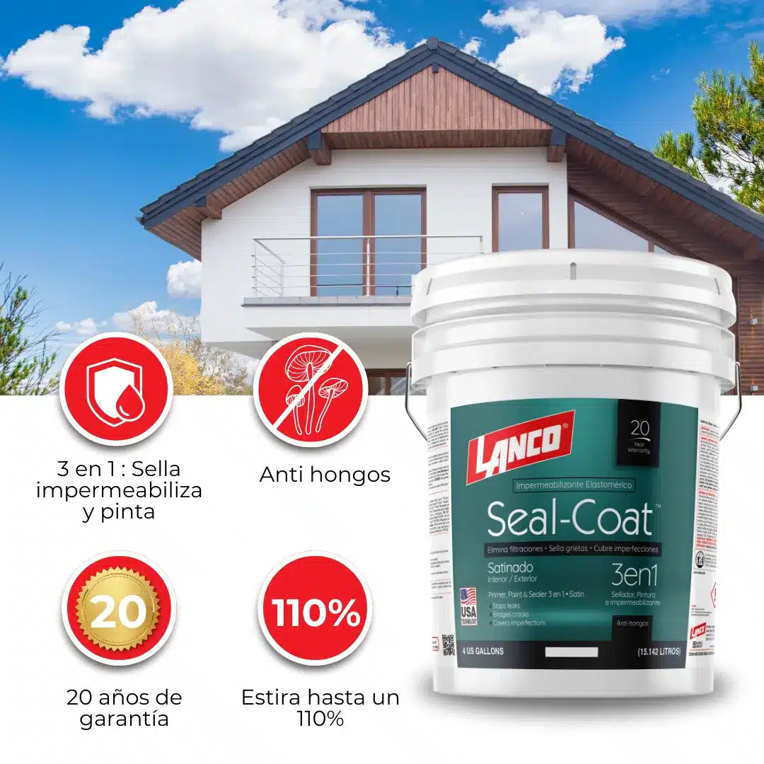 Esmalte al Agua Lanco Seal Coat 3en1, base, pintura y sellador elastomérico para protección de superficies.
