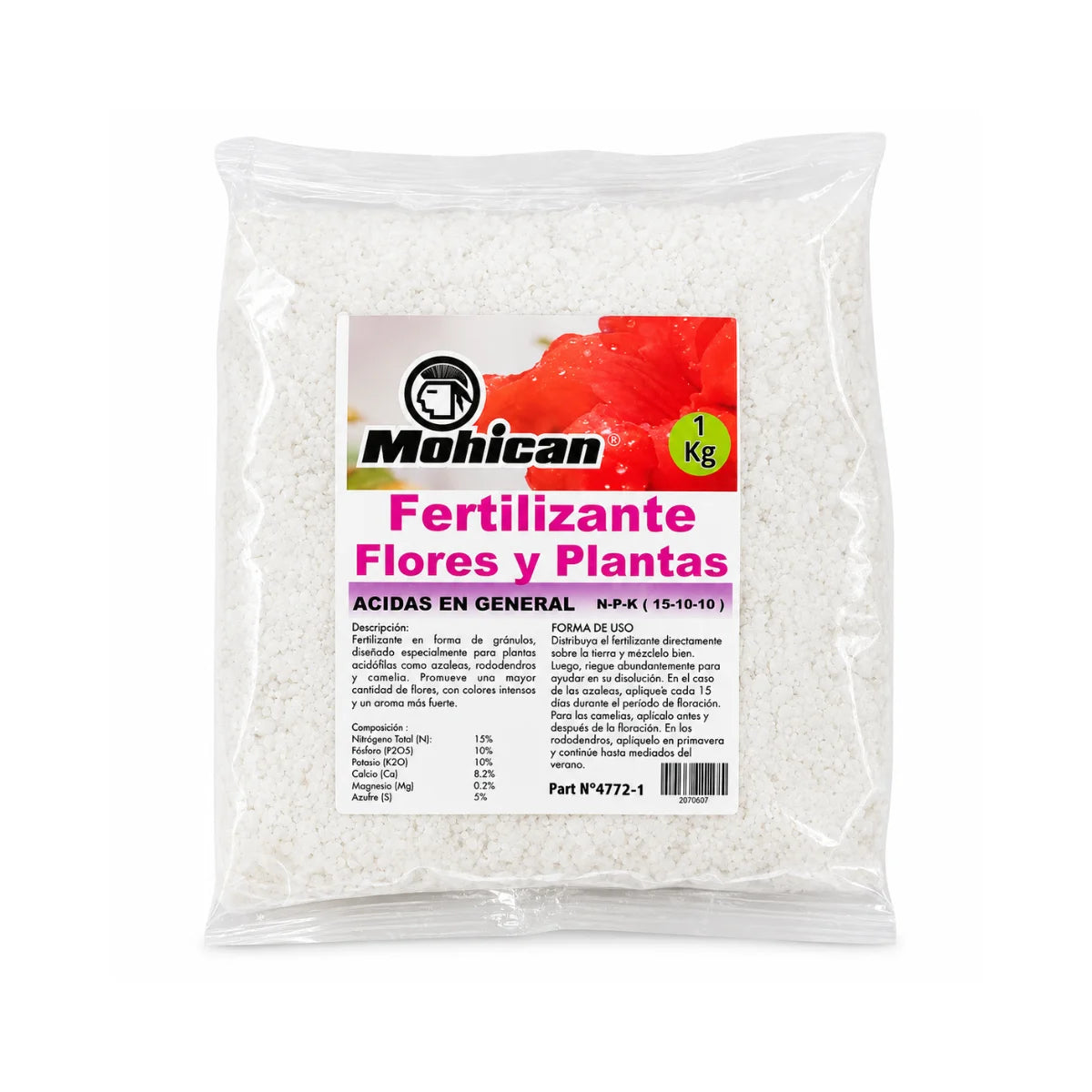Fertilizante para flores y plantas ácidas Mohican NPK 15-10-10 1 kg