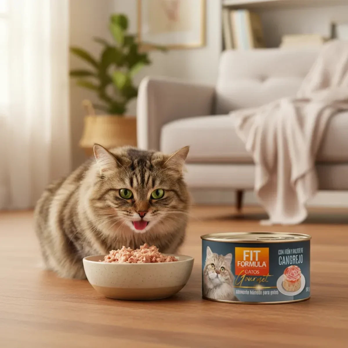 Lata de alimento húmedo Gourmet sabor palitos de cangrejo para gatos, comida completa y apetitosa