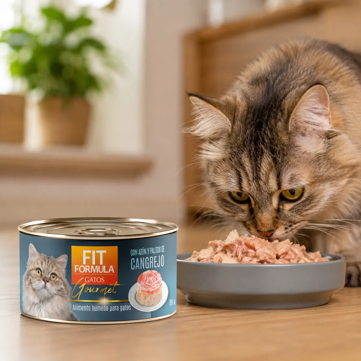 Lata de alimento húmedo Gourmet sabor palitos de cangrejo para gatos, comida completa y apetitosa