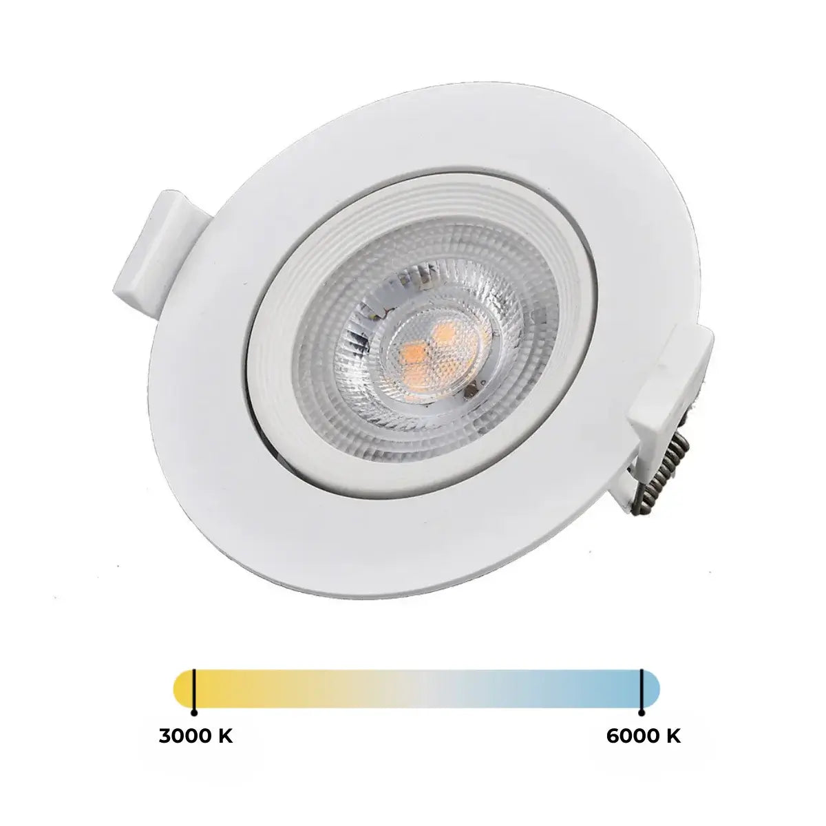 Downlight LED empotrado de 7W basculante, con color de luz seleccionable (blanco cálido a frío), ideal para iluminación interior dirigida y ajustable.